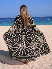 Swim Lushoire Women's Spring/Summer Beach Mesh Printed Long Sleeve Tie-Front Bikini Cover-Up Long Cover Up Dress Kimono - Black - View 2