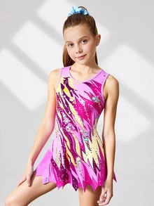 SHEIN 少女无袖印花体操服，舒适亲肤，贴身设计防止走光，适合艺术体操、学校舞蹈比赛等各种场合，秋冬季均适用。 - 彩色 - 查看 6