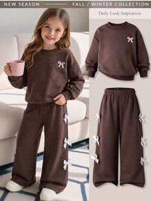 SHEIN Genkimix Kids 女童 2 件套，圓領長袖小蝴蝶結刺繡衛衣，寬腿長褲配白色蝴蝶結裝飾，嬰兒西式秋季生日裝 - 棕色 - 查看 9
