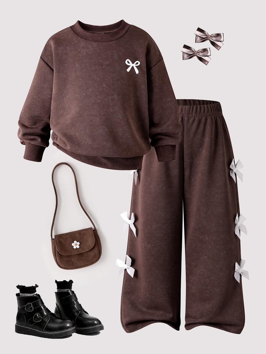 SHEIN 女童 2件組 秋冬幼童 4Y-7Y 蝴蝶結刺繡圓領聚酯纖維抓絨寬鬆運動衫寬腿褲 秋季服飾生日套裝 - 棕色 - 查看 1