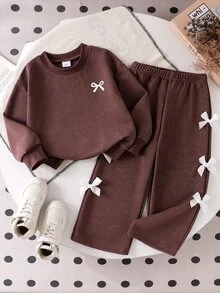 SHEIN Genkimix Kids 女童 2 件套，圓領長袖小蝴蝶結刺繡衛衣，寬腿長褲配白色蝴蝶結裝飾，嬰兒西式秋季生日裝 - 棕色 - 查看 7