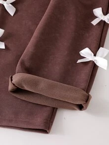 SHEIN Genkimix Kids 女童 2 件套，圓領長袖小蝴蝶結刺繡衛衣，寬腿長褲配白色蝴蝶結裝飾，嬰兒西式秋季生日裝 - 棕色 - 查看 8