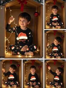 SHEIN Boys' Christmas Glow-In-The-Dark Print Fitted Pajama Set, 2 Pieces - Multicolor - View 10