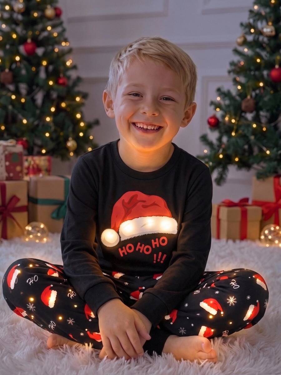SHEIN Christmas Autumn Pajamas ,Boys' Christmas Kids Glow-In-The-Dark Print Fitted Pajama Set, 2 Pieces Snug Fit - Multicolor - View 1