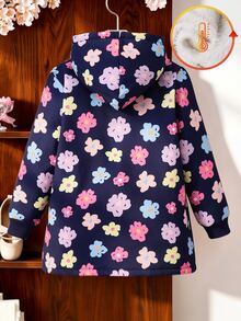 SHEIN 少女花卉印花保暖加厚連帽外套，可愛長袖拉鍊中長版外套，適合秋冬日常穿著與上學 - 藍色 - 查看 4