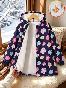 SHEIN 少女花卉印花保暖加厚連帽外套，可愛長袖拉鍊中長版外套，適合秋冬日常穿著與上學 - 藍色 - 查看 3