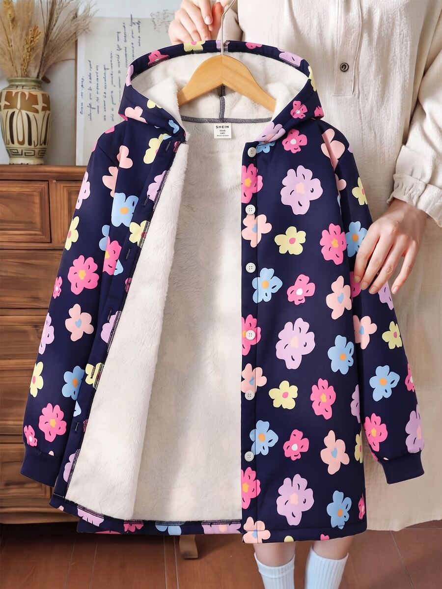 SHEIN 少女花卉印花保暖加厚連帽外套,可愛長袖拉鍊中長版外套,適合秋冬日常穿著與上學 - 藍色 - 查看 1