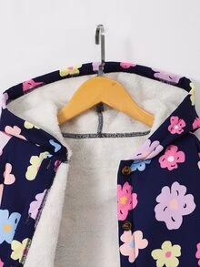 SHEIN 少女花卉印花保暖加厚連帽外套，可愛長袖拉鍊中長版外套，適合秋冬日常穿著與上學 - 藍色 - 查看 10