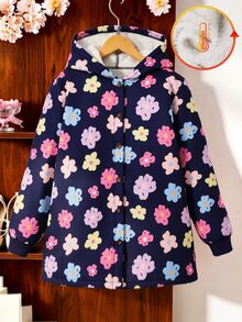 SHEIN 少女花卉印花保暖加厚連帽外套，可愛長袖拉鍊中長版外套，適合秋冬日常穿著與上學 - 藍色 - 查看 5