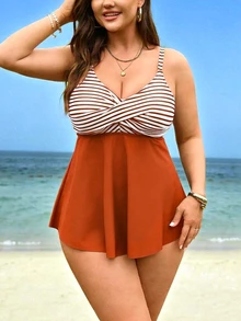 SHEIN Swim Curve 大尺碼女款兩件式條紋印花細肩帶交叉短上衣與高腰三角比基尼泳褲套裝，夏季海灘度假 - 彩色 - 查看 6