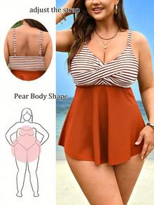 SHEIN Swim Curve 大尺碼女款兩件式條紋印花細肩帶交叉短上衣與高腰三角比基尼泳褲套裝，夏季海灘度假 - 彩色 - 查看 1