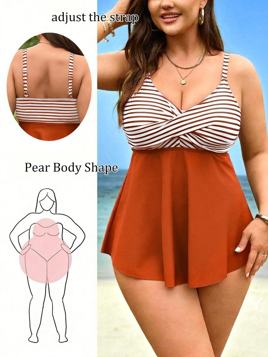 SHEIN Swim Curve 大尺碼女款兩件式條紋印花細肩帶交叉短上衣與高腰三角比基尼泳褲套裝，夏季海灘度假 - 彩色 - 查看 1