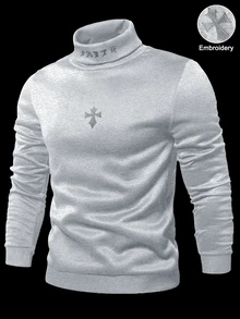 Manfinity Roghcode Men's Streetwear Hot-Selling 3D Embroidered Cross High Neck Pullover Sweatshirt, Boyfriend/Husband Gift, Anniversary Gift - Light Grey - View 1