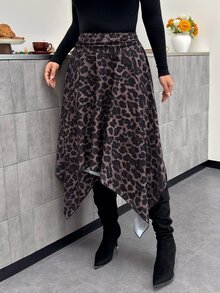 Firerie Plus Size Street Style Sexy Glamorous Leopard Print Asymmetrical Hem Skirt Fall/Winter For Women Casual Brunch Going Out Night - Multicolor - View 8