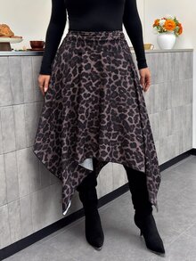 Firerie Plus Size Street Style Sexy Glamorous Leopard Print Asymmetrical Hem Skirt Fall/Winter For Women Casual Brunch Going Out Night - Multicolor - View 3