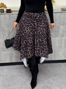 Firerie Plus Size Street Style Sexy Glamorous Leopard Print Asymmetrical Hem Skirt Fall/Winter For Women Casual Brunch Going Out Night - Multicolor - View 7