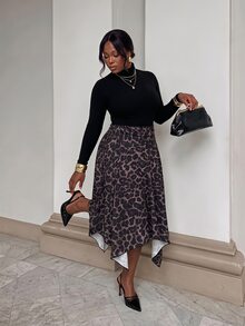 Firerie Plus Size Street Style Sexy Glamorous Leopard Print Asymmetrical Hem Skirt Fall/Winter For Women Casual Brunch Going Out Night - Multicolor - View 2