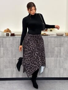 Firerie Plus Size Street Style Sexy Glamorous Leopard Print Asymmetrical Hem Skirt Fall/Winter For Women Casual Brunch Going Out Night - Multicolor - View 9