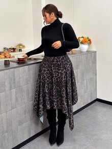Firerie Plus Size Street Style Sexy Glamorous Leopard Print Asymmetrical Hem Skirt Fall/Winter For Women Casual Brunch Going Out Night - Multicolor - View 6