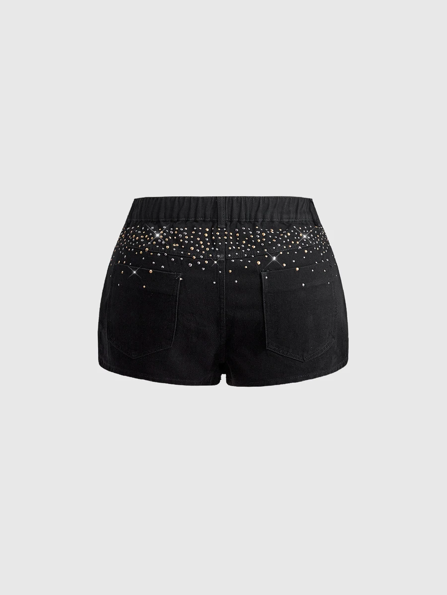 ROMWE Y2K Sexy Baggy Hot Girl Black And Gold Versatile Plus Size Women's Zipper Design Denim Shorts New Year Party Club - Black - View 1