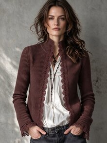 LUMIGAL Women's Vintage Ribbed Lace Patchwork Knit Cardigan - Brown - View 1