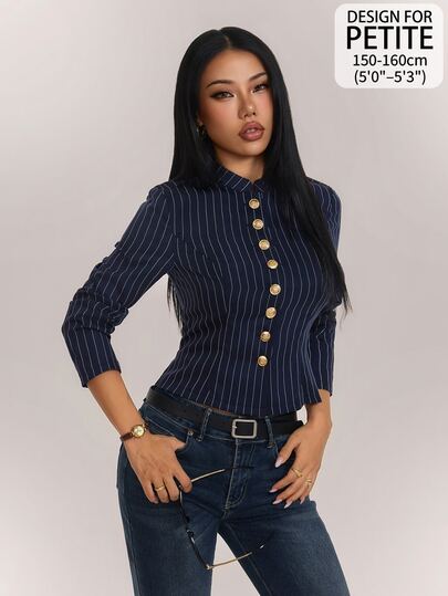SHEIN PETITE Women's Striped Metal Single-Breasted Long Sleeve Casual Regular Fit Jacket
