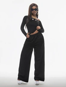 Vadaroq Women's Fall/Winter Street Style Black Asymmetrical Collar Grommet Fitted Cropped T-Shirt And Drawstring Waist Wide Leg Long Pants2 Pieces Set - Black - View 6