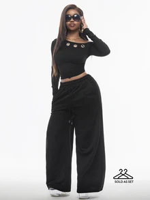 Vadaroq Women's Fall/Winter Street Style Black Asymmetrical Collar Grommet Fitted Cropped T-Shirt And Drawstring Waist Wide Leg Long Pants2 Pieces Set - Black - View 1