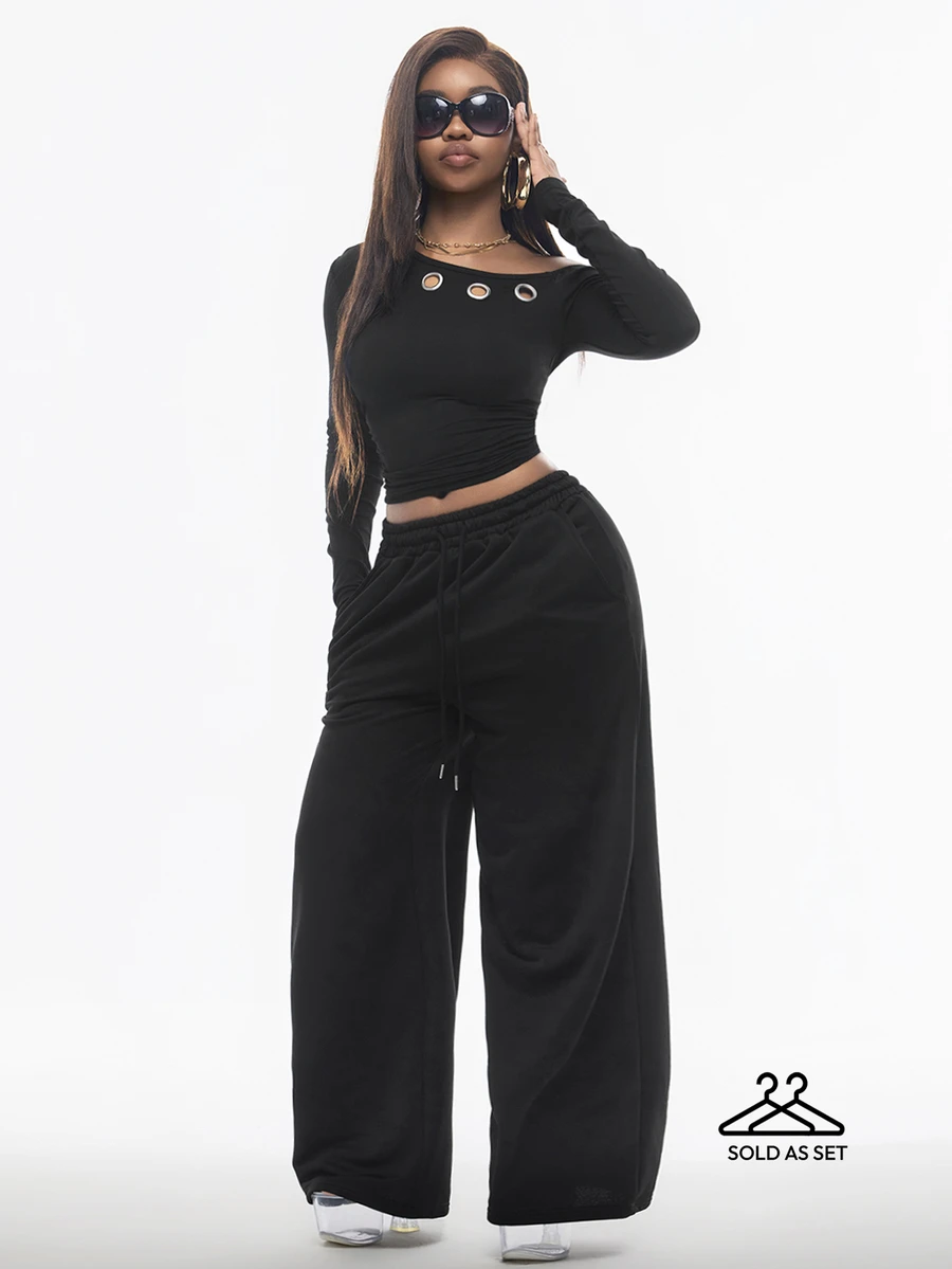 Vadaroq Women's Fall/Winter Street Style Black Asymmetrical Collar Grommet Fitted Cropped T-Shirt And Drawstring Waist Wide Leg Long Pants2 Pieces Set - Black - View 1