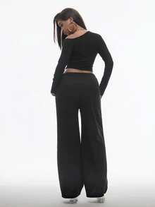 Vadaroq Women's Fall/Winter Street Style Black Asymmetrical Collar Grommet Fitted Cropped T-Shirt And Drawstring Waist Wide Leg Long Pants2 Pieces Set - Black - View 2