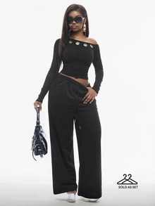 Vadaroq Women's Fall/Winter Street Style Black Asymmetrical Collar Grommet Fitted Cropped T-Shirt And Drawstring Waist Wide Leg Long Pants2 Pieces Set - Black - View 3