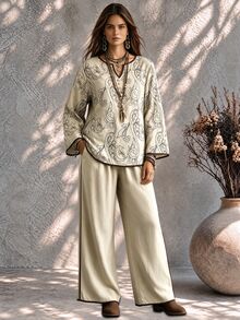 Ceyna Plus Size Women's French Casual Boho Elegant Faux Embroidered Long Sleeve Shirt And Pants 2 Pieces Set Fall Vacation Beige - Apricot - View 4