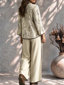 Ceyna Plus Size Women's French Casual Boho Elegant Faux Embroidered Long Sleeve Shirt And Pants 2 Pieces Set Fall Vacation Beige - Apricot - View 2