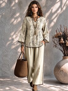 Ceyna Plus Size Women's French Casual Boho Elegant Faux Embroidered Long Sleeve Shirt And Pants 2 Pieces Set Fall Vacation Beige - Apricot - View 1