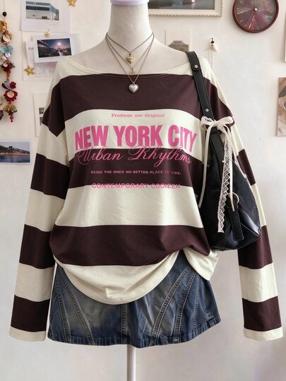 Collagica Collagica Women's Loose-Fitting, Casual Off-Shoulder Top, Retro New York City Color-Blocked Striped Print T-Shirt, Perfect For Autumn.