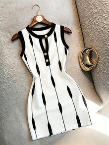SHEIN Franclia Black And White Striped Sleeveless Button-Down Round Neck Cutout Fitted Dress French Elegant Office Work Summer - White - View 1