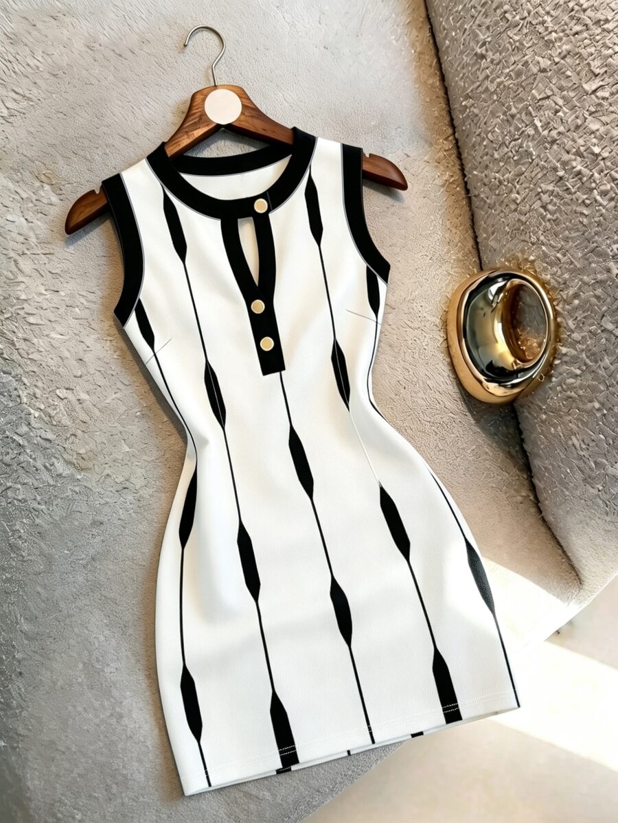 SHEIN Franclia Black And White Striped Sleeveless Button-Down Round Neck Cutout Fitted Dress French Elegant Office Work Summer - White - View 1