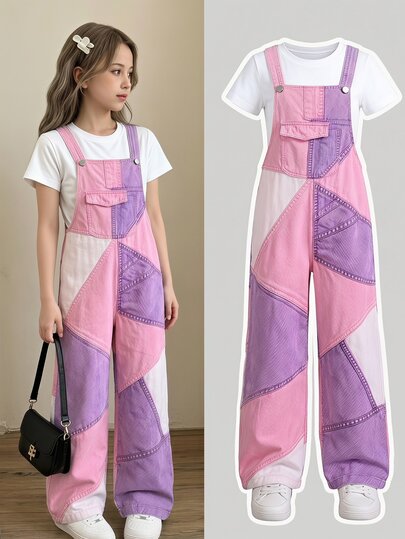 Girls' Sweet Cool Style Pink Purple White Color Block Denim Effect Print Overall Jumpsuit, Multi-Pocket Loose Wide Leg Suspenders Romper, Y2K Retro Workwear Overalls For Teen Girls