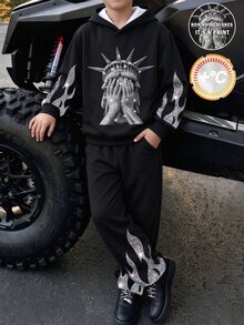 青少年男孩休閒街頭極簡風自由女神火焰圖案連帽衛衣與寬腿運動褲2件套，適合外出與運動 - 彩色 - 查看 4