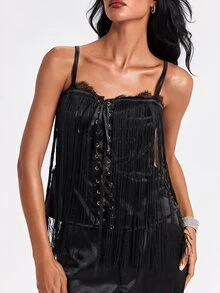ROMWE Autumn/Winter Sexy Party Midnight Luxury Y2K Contrast Lace Halter Neck Long Tassel Women's Top - Black - View 2