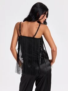 ROMWE Autumn/Winter Sexy Party Midnight Luxury Y2K Contrast Lace Halter Neck Long Tassel Women's Top - Black - View 5