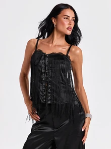 ROMWE Autumn/Winter Sexy Party Midnight Luxury Y2K Contrast Lace Halter Neck Long Tassel Women's Top - Black - View 6