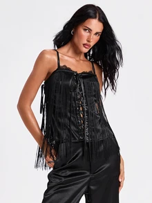ROMWE Autumn/Winter Sexy Party Midnight Luxury Y2K Contrast Lace Halter Neck Long Tassel Women's Top - Black - View 1