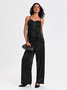 ROMWE Autumn/Winter Sexy Party Midnight Luxury Y2K Contrast Lace Halter Neck Long Tassel Women's Top - Black - View 3
