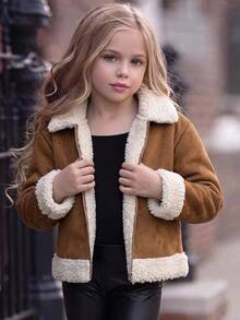 SHEIN Young Girls Long Sleeve Warm Zipper Front Casual JacketGirl Autumn/Winter Cute Versatile Color-Blocking Thermal-Lined Faux Fur Jacket Fall - Multicolor - View 2
