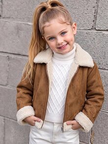 SHEIN Young Girls Long Sleeve Warm Zipper Front Casual JacketGirl Autumn/Winter Cute Versatile Color-Blocking Thermal-Lined Faux Fur Jacket Fall - Multicolor - View 8