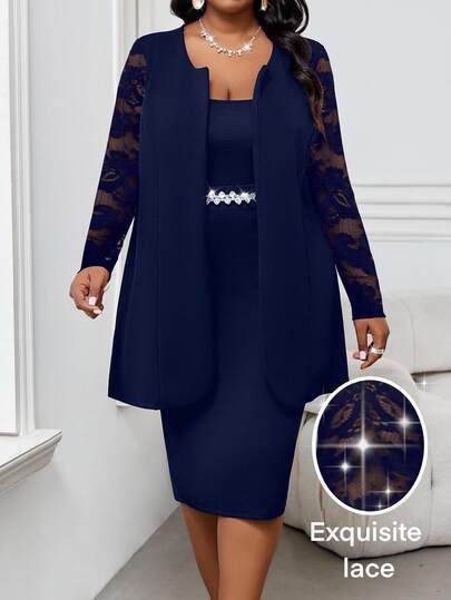 SHEIN Lady Plus Size  Women Plus Size Navy Blue Coat Contrast Lace Royal Blue Business Casual Woman Teacher Coat For Women Winter Fall Autumn Valentine's Day
