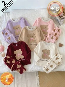 女童幼兒熊圖案刺繡長袖上衣與熊印花刷毛長褲套裝 秋冬居家服 - 白色 - 查看 9