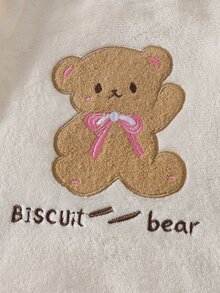女童幼兒熊圖案刺繡長袖上衣與熊印花刷毛長褲套裝 秋冬居家服 - 白色 - 查看 7