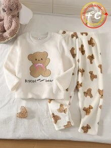 女童幼兒熊圖案刺繡長袖上衣與熊印花刷毛長褲套裝 秋冬居家服 - 白色 - 查看 5